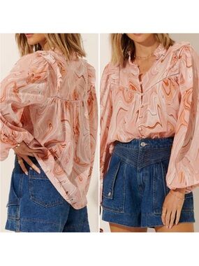 Kivari Ruby Pink Marble Swirl Long Sleeve Cotton Crinkle Blouse Top 2